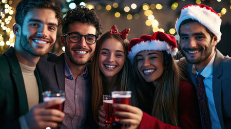 Coworkers with holiday props in photo booth, smiles and funの素材