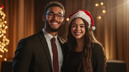 Smiling coworkers with holiday accessories in photo boothの素材