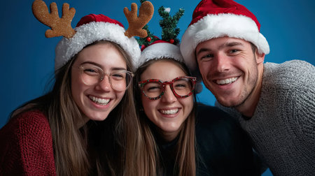 captures holiday photo booth fun, coworkers in festive glasses and holiday hatsの素材
