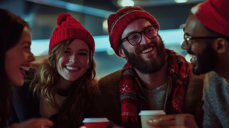 captures office holiday booth with coworkers, festive outfits and hats adding cheerの素材