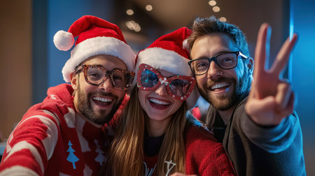 captures holiday photo booth fun, coworkers in festive glasses and holiday hatsの素材
