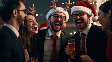 Coworkers in Santa hats and reindeer ears, sharing laughs in a festive photo boothの素材