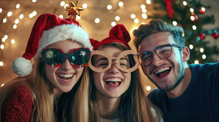 Holiday laughter in office photo booth capturing coworkers with festive propsの素材