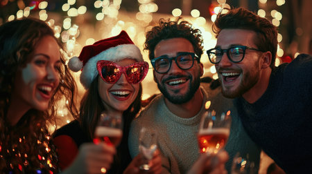 Coworkers with holiday props in photo booth, smiles and funの素材