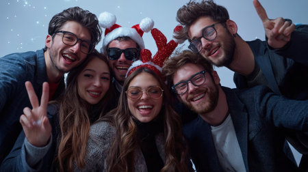 Office holiday party with coworkers sharing fun in a photo boothの素材