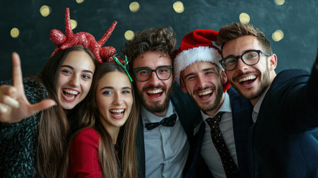 Office holiday party with coworkers sharing fun in a photo boothの素材