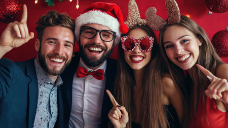 "Holiday party fun with office team in festive photo booth, Canon EOS R5 image for corporate celebration branding --ar 16:9 --quality 2 --personalize jkuoppj --v 6.1 Job ID: 59600442-2f8e-4046-a379-565912cd271fの素材