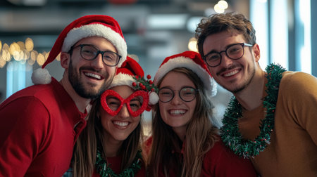 Portrait of friends wearing santa hats at christmas party in officeの素材