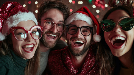 Group of happy friends in Santa hats and scarves celebrating Christmas at homeの素材