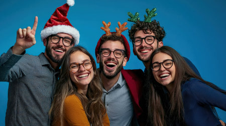 Happy group of friends wearing Santa Claus hats and eyeglasses.の素材