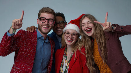Group of young business people celebrating Christmas, wearing Santa Claus hats and glasses.の素材