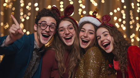 Portrait of a group of young friends in Santa Claus hats and glasses.の素材