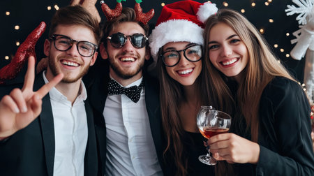 Group of young people in Santa Claus hats and glasses with a glass of wine.の素材