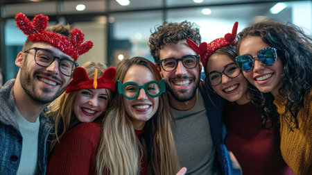 Portrait of smiling friends wearing reindeer antlers at partyの素材