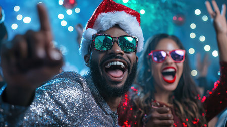 Cheerful man and woman in santa hats dancing at nightclubの素材
