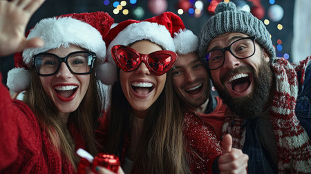 Group of friends in Santa hats and scarves celebrating New Year at homeの素材
