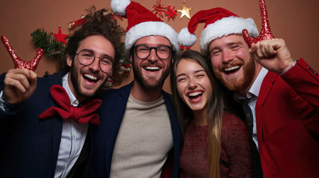 Group of friends celebrating christmas together, having fun, wearing santa claus hats and glasses.の素材