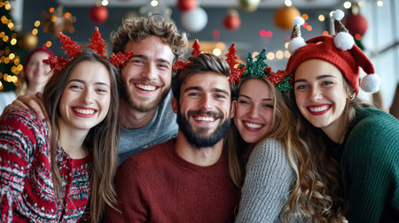 Group of friends in christmas hats and scarves smiling at cameraの素材