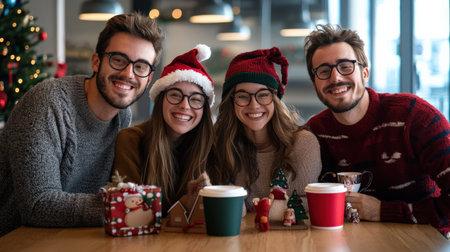 photo of coworkers in holiday booth, festive props and holiday smilesの素材