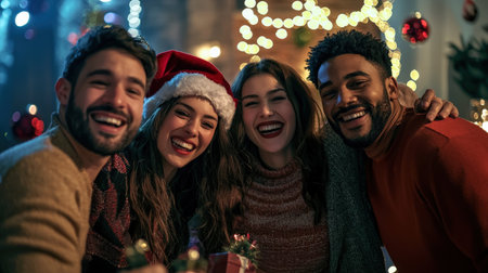 Group of friends celebrating Christmas at home. They are looking at camera and smilingの素材
