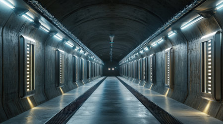 Futuristic tunnel corridor with glowing lights and reflections 3D renderingの素材