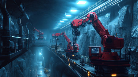 Industrial landscape with two industrial robots working in a factory at nightの素材