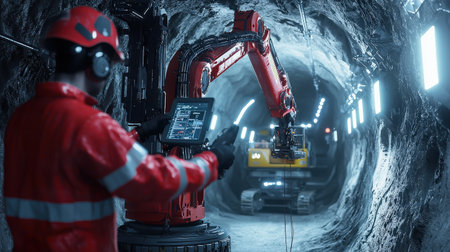 Industrial robot working in a mine. 3D Rendering.の素材