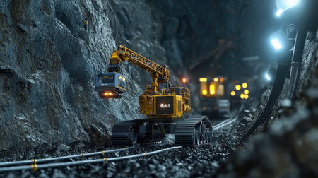 3d rendering of a coal mine with heavy machinery and mining equipmentの素材