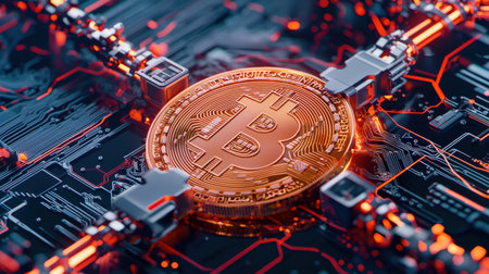 Bitcoin symbol in neon colors with blockchain network on black, tech lookの素材