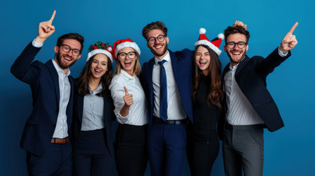 Group of happy business people in Santa hats celebrating Christmas on blue backgroundの素材