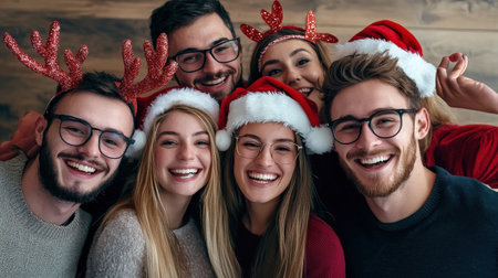 Group of friends in Santa Claus hats on a background of wooden wallの素材
