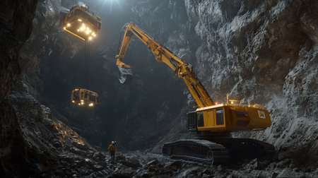 Excavator working in coal mine. Heavy machinery working in coal mine.の素材