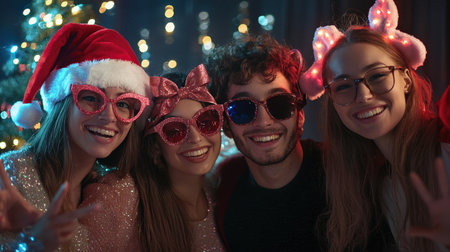 Portrait of a group of friends in Christmas hats and glasses at homeの素材