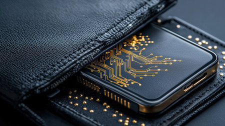 Cryptocurrency wallet concept with digital connections on black, high-qualityの素材