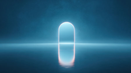 A blue and red lighted opening in the water. The light is reflecting off the water and creating a surreal atmosphereの素材