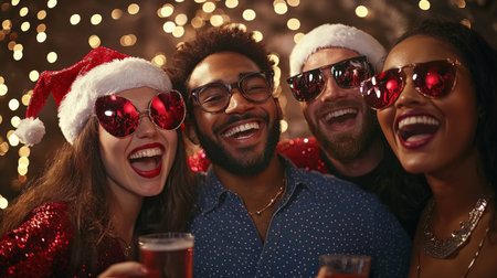 Portrait of a group of friends in santa hats having fun at Christmas party.の素材