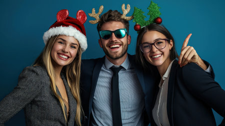 Happy business people wearing Santa Claus hats and eyeglasses on blue backgroundの素材