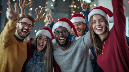 Group of friends celebrating christmas at home. Group of young people having fun together.の素材