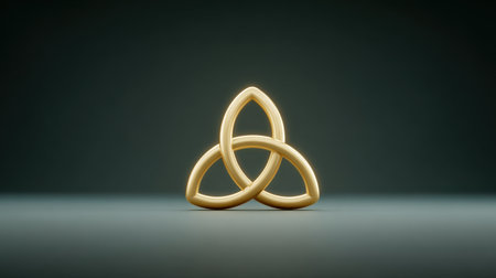 A gold trinity symbol is shown on a dark background. The symbol is a triangle with a line in the middle, and it is surrounded by a circle. The image has a sense of mystery and spiritualityの素材