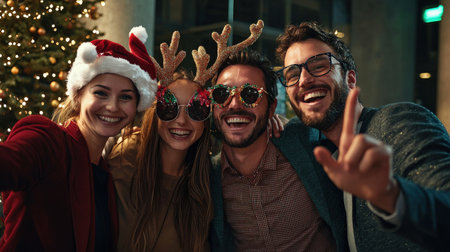 Group of friends in Santa hats taking selfie on the street during Christmasの素材