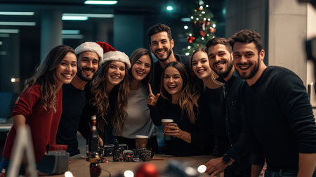 Group of friends in Santa hats celebrating Christmas and New Year together.の素材
