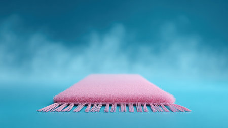A pink rug is placed on a blue background with a cloudy sky. The rug is fuzzy and has a pink hue, giving it a soft and cozy appearance. The blue background and cloudy sky create a calmの素材
