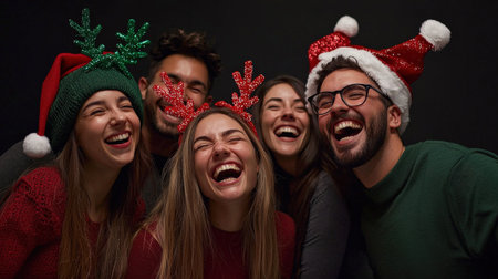 Group of friends celebrating christmas on black background, having fun togetherの素材