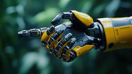 Close up of robot hand on nature background. 3d rendering.の素材