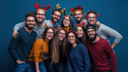 Group of friends wearing reindeer antlers on a blue backgroundの素材