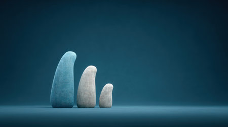 Three small sculptures of people are standing on a blue background. The sculptures are of different sizes and are arranged in a rowの素材