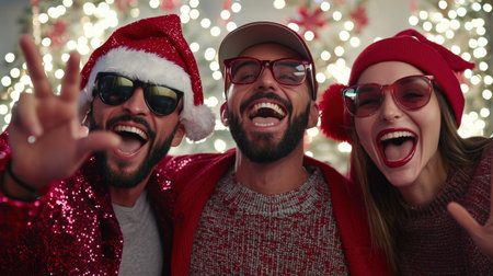 Cheerful friends in santa hats showing ok sign and smilingの素材