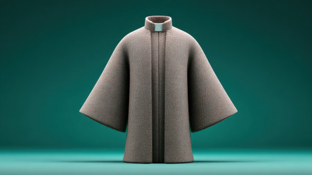 A mannequin wearing a long, brown coat with a hood. The coat is made of a fuzzy material and has a hood. The coat is hanging on a green backgroundの素材