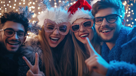 Group of friends in santa hats taking selfie on christmas eveの素材