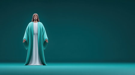 A man dressed in a green robe stands in front of a blue background. The man is Jesus Christ, and the blue background is a representation of the sky. Concept of peace and serenityの素材